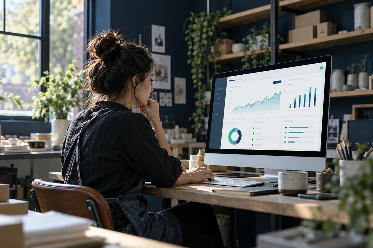 A small business owner reviewing a dashboard at a desktop computer
