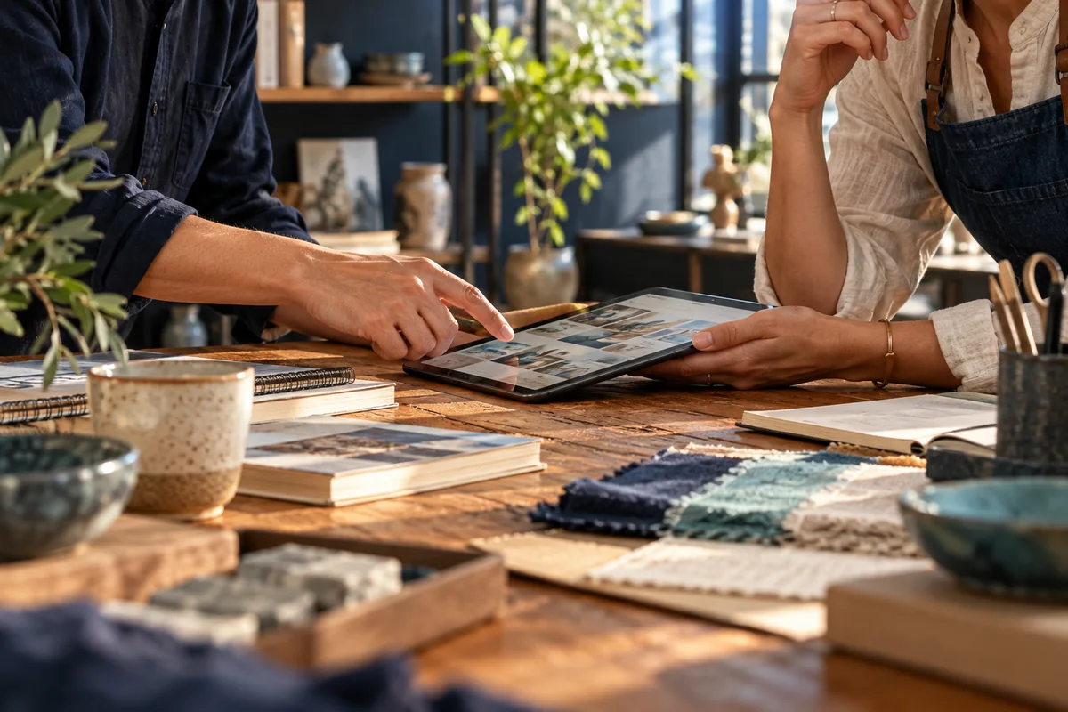 Two small-business collaborators reviewing a tablet together