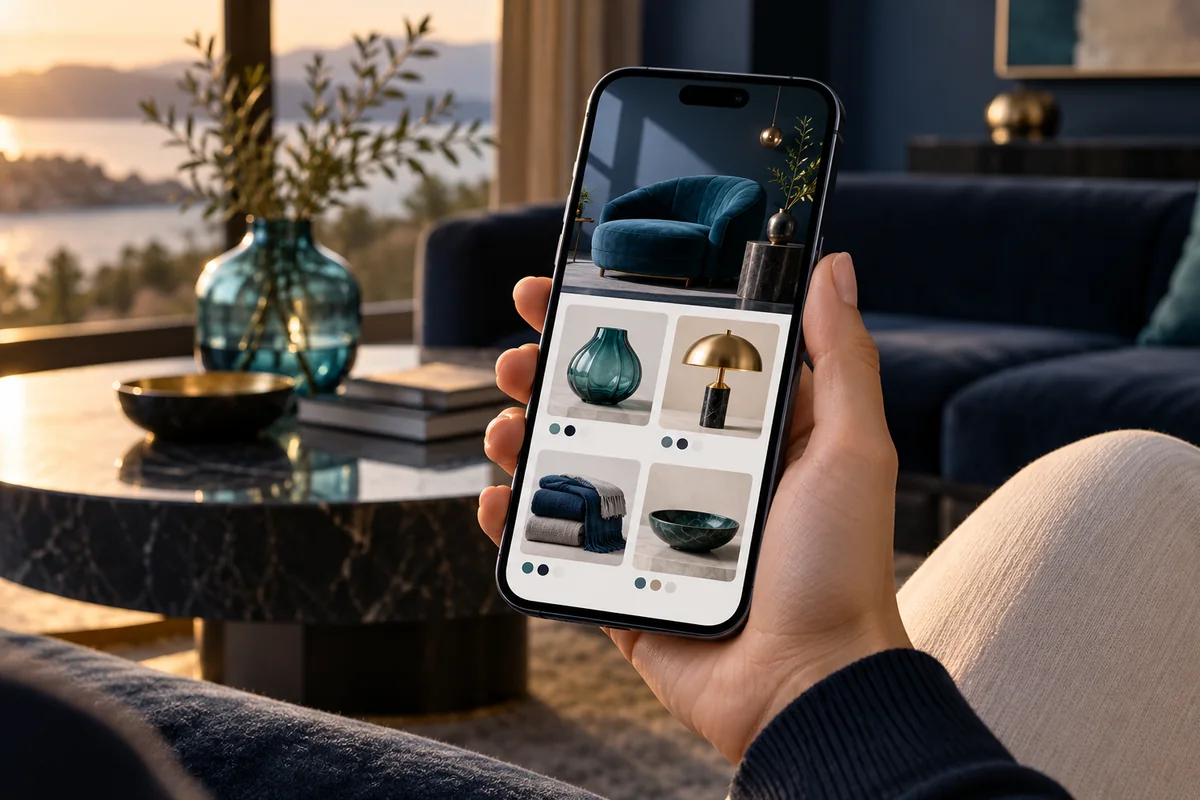 A hand holding a smartphone while browsing a product catalogue